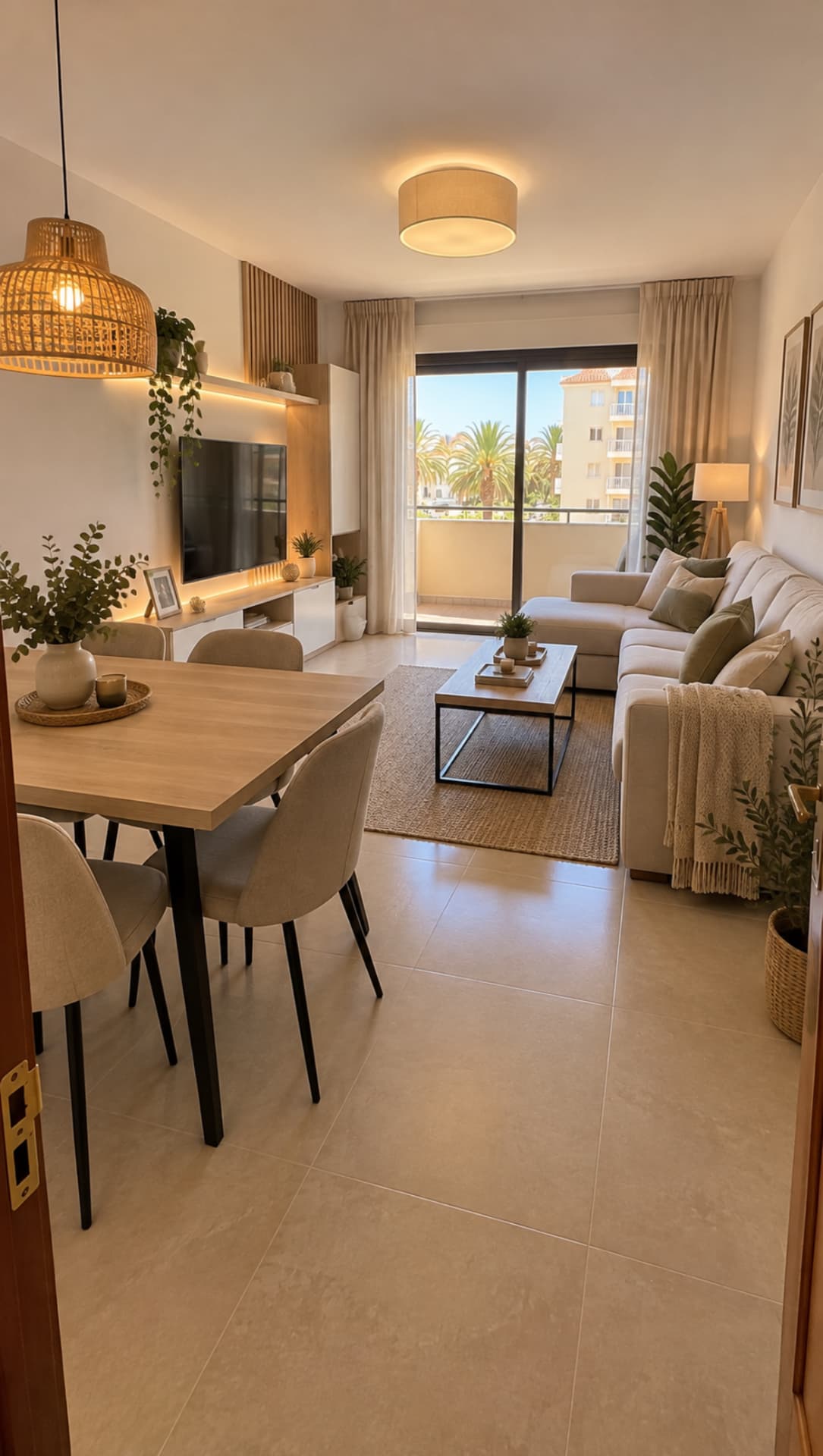Salón y comedor reformados con balcón en Tenerife