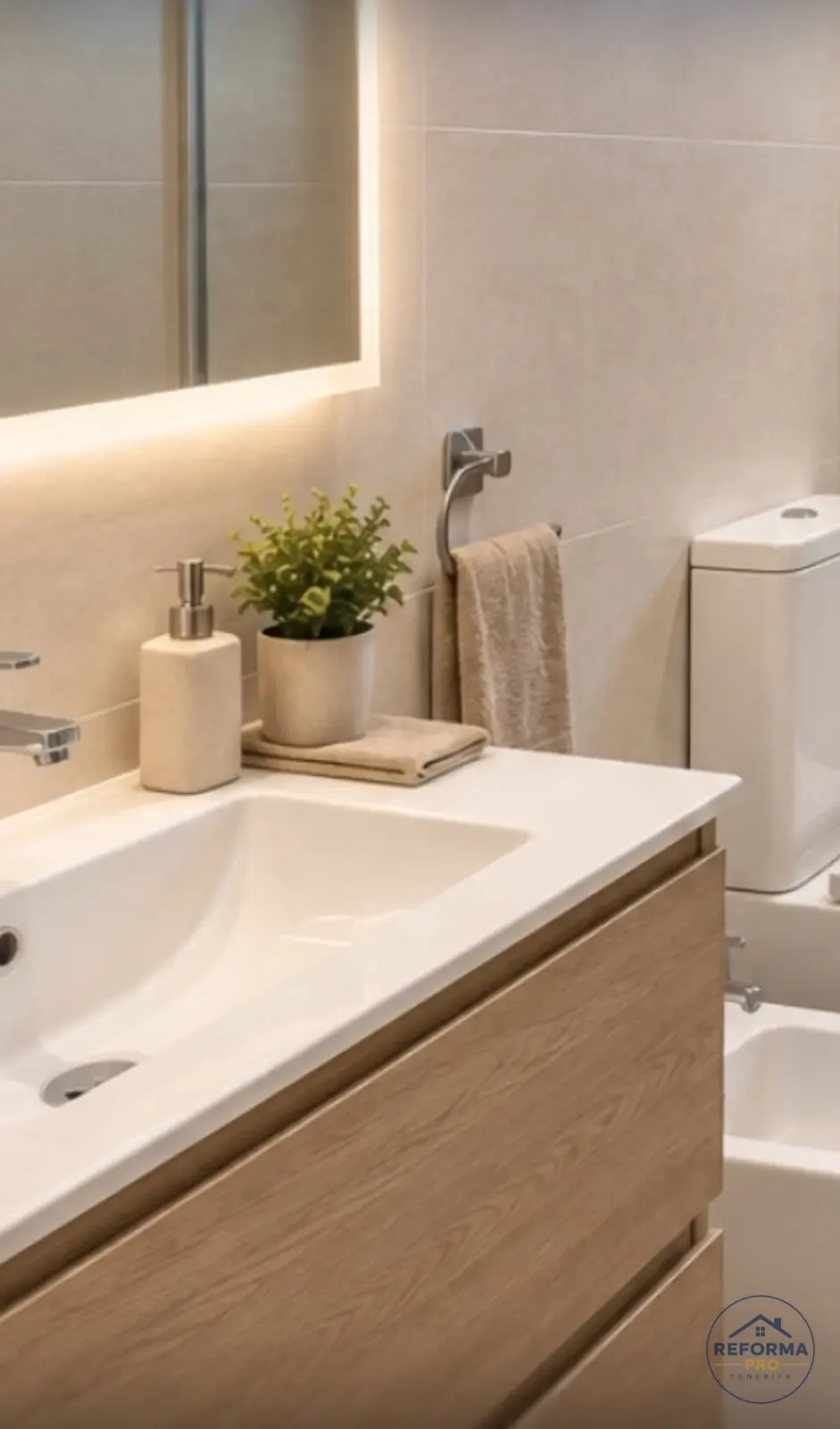 Mobile lavabo in rovere con lavabo integrato e specchio retroilluminato