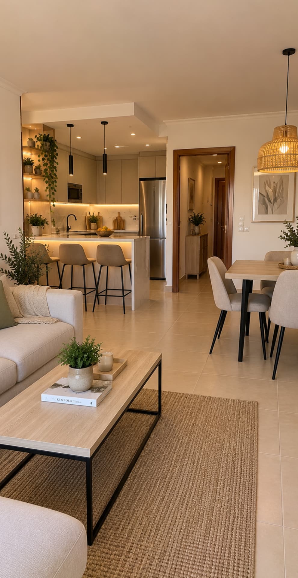 Cocina en península abierta al salón y al comedor en Tenerife