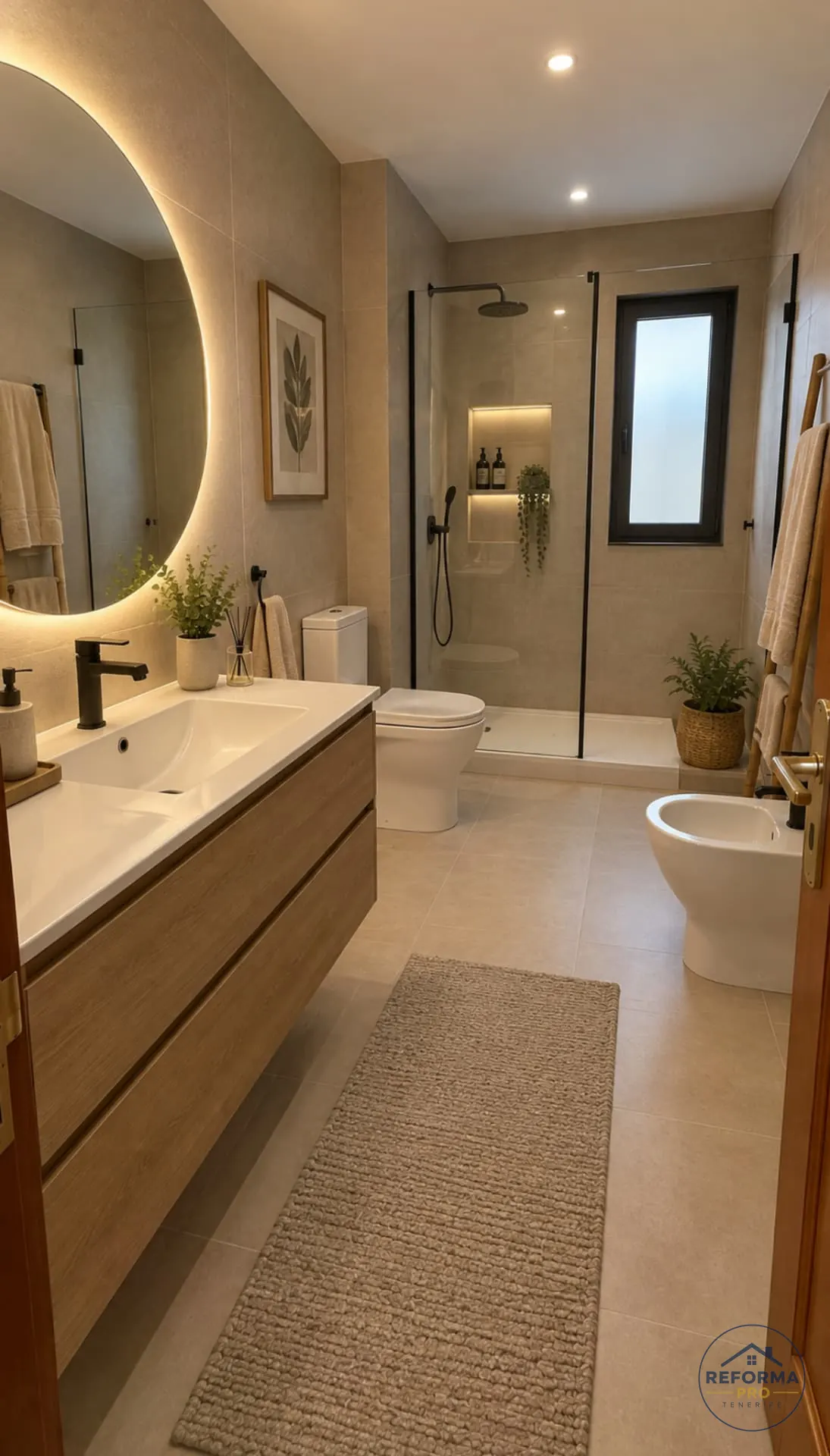 Bagno beige con specchio tondo retroilluminato Bagno beige con specchio tondo retroilluminato