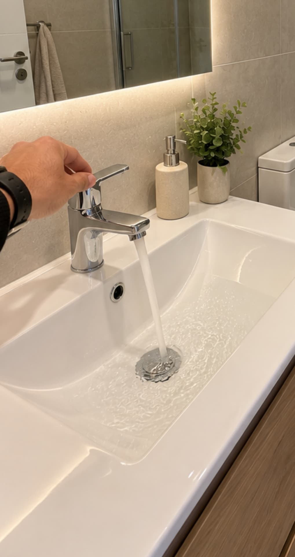 Waschtischarmatur mit fließendem Wasser nach dem Anschluss