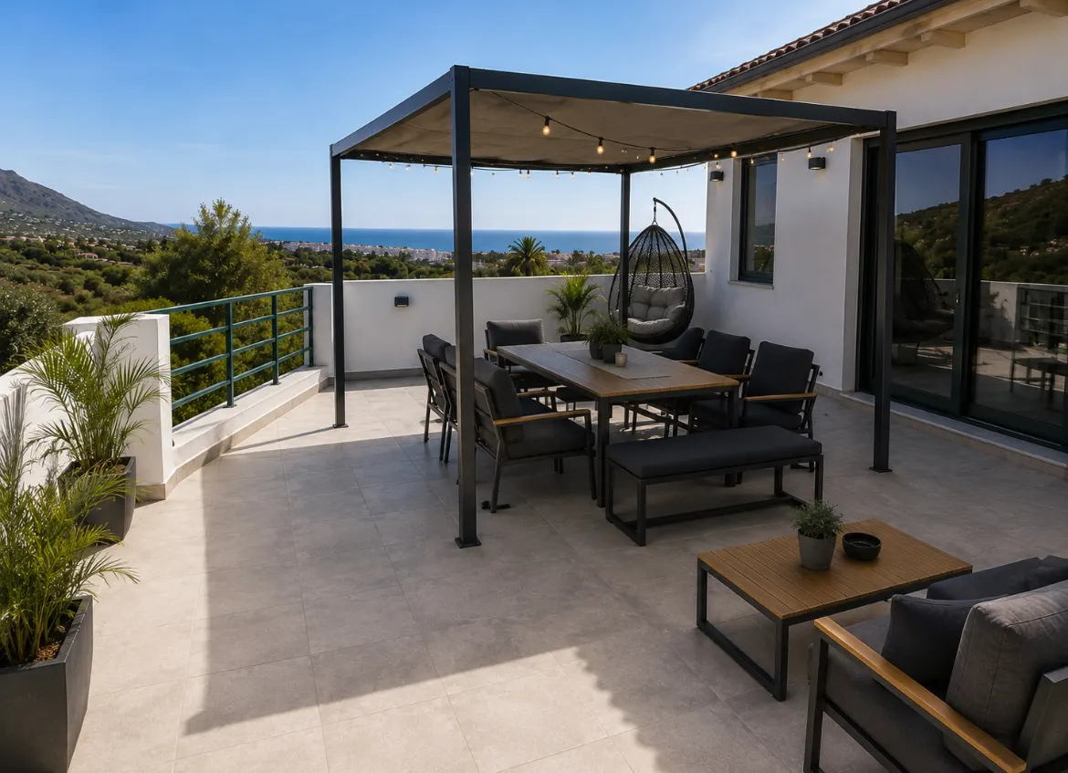 Terrasse mit Pergola und Meerblick, bereit für Gäste Teneriffa