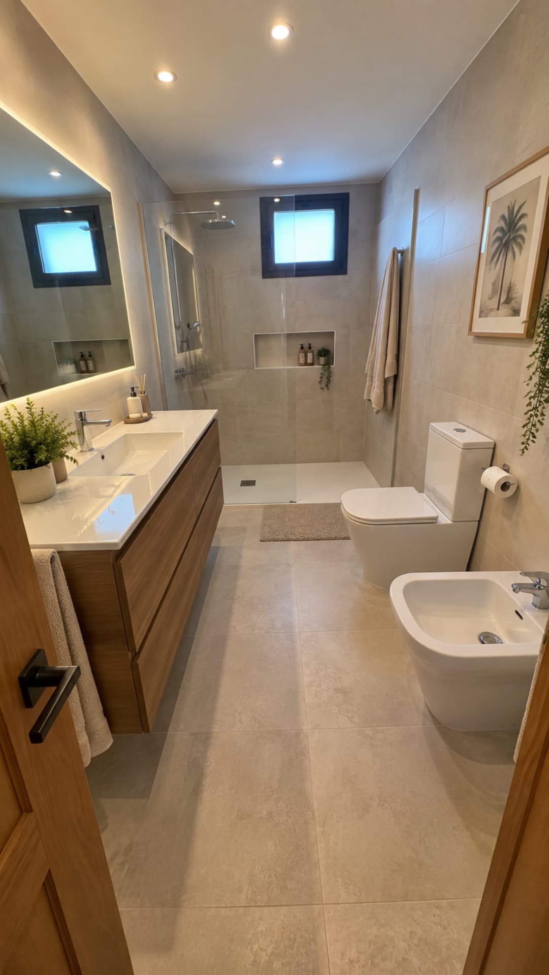 Baño con lavabo doble y ducha walk-in reformado en Tenerife