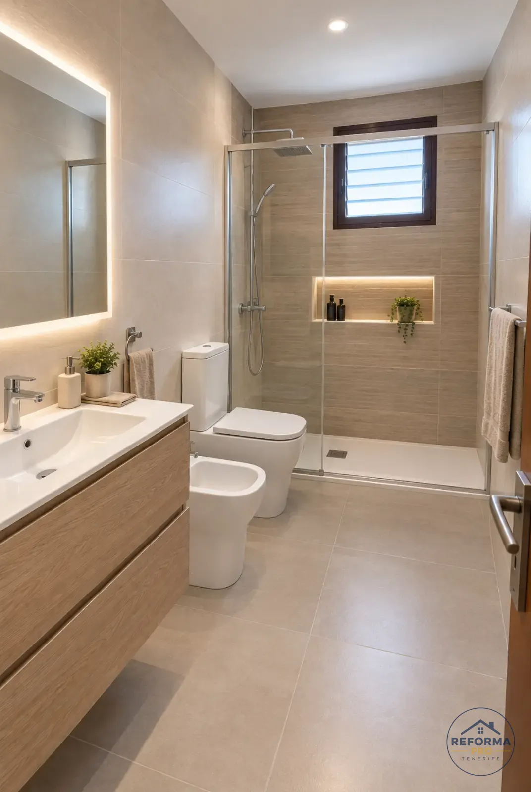 Doccia con box scorrevole e nicchia illuminata in un bagno beige a Tenerife