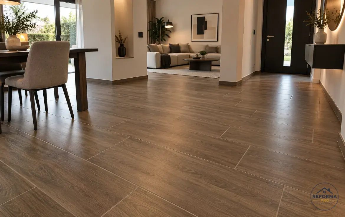 Gres effetto legno in soggiorno, ingresso e sala da pranzo Gres effetto legno in soggiorno, ingresso e sala da pranzo