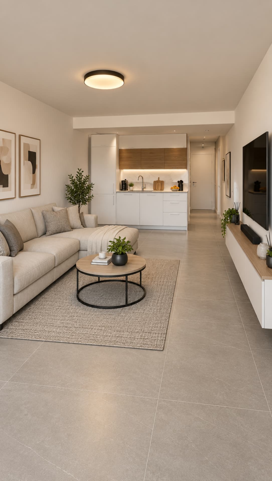 Salón reformado con cocina lineal y mueble de TV suspendido en Tenerife