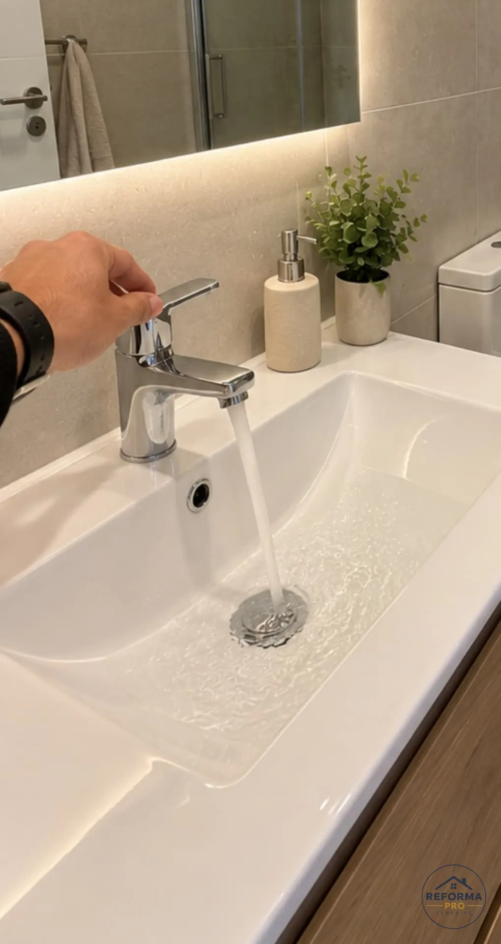 Rubinetteria del lavabo con acqua corrente dopo il collegamento Rubinetteria del lavabo con acqua corrente dopo il collegamento