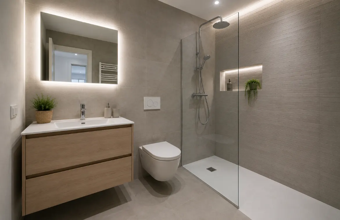 Salle de bain grise avec miroir LED et douche à l'italienne Salle de bain grise avec miroir LED et douche à l'italienne