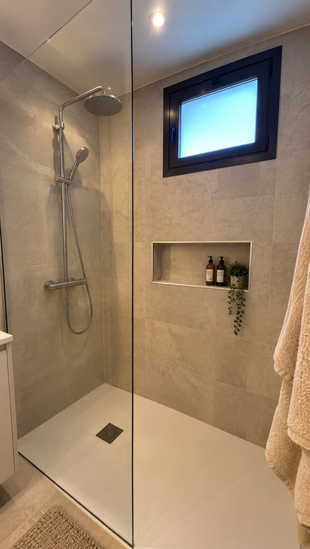Ducha a ras de suelo con hornacina y ventana en un baño reformado en Tenerife