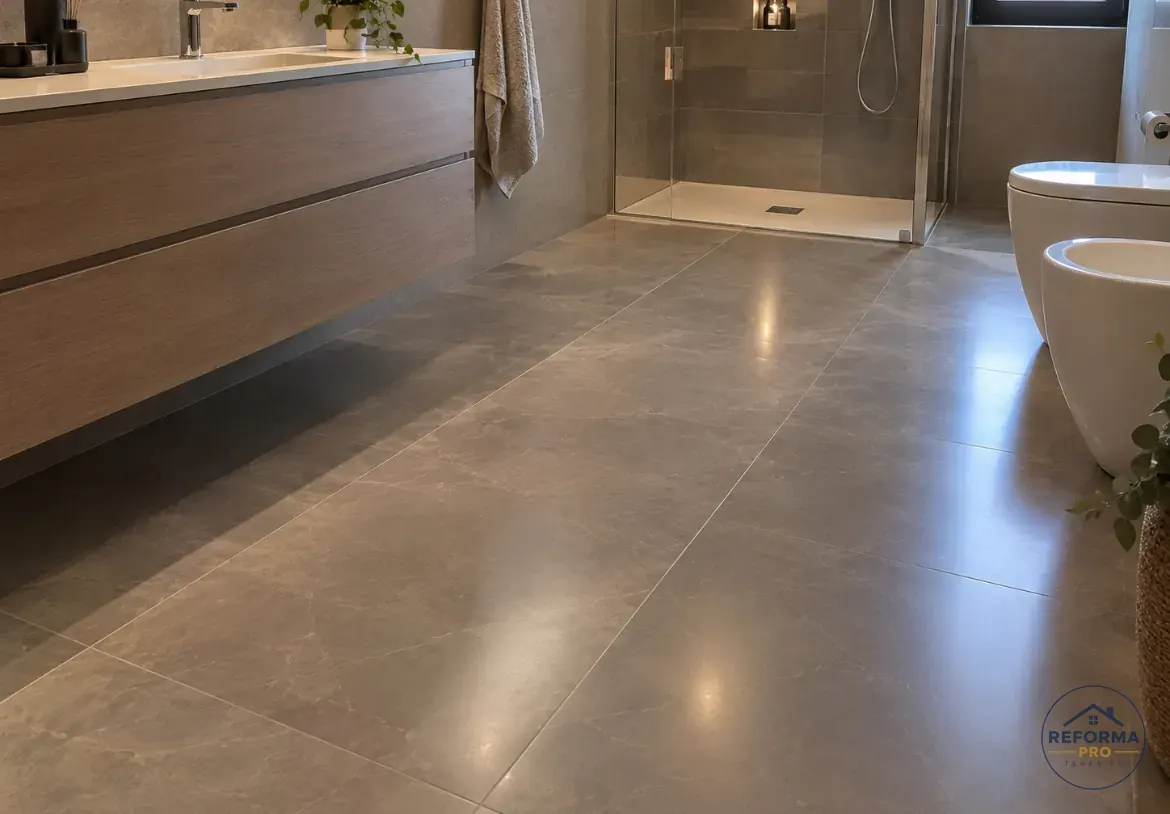Bagno con gres grigio effetto marmo e doccia walk-in Bagno con gres grigio effetto marmo e doccia walk-in