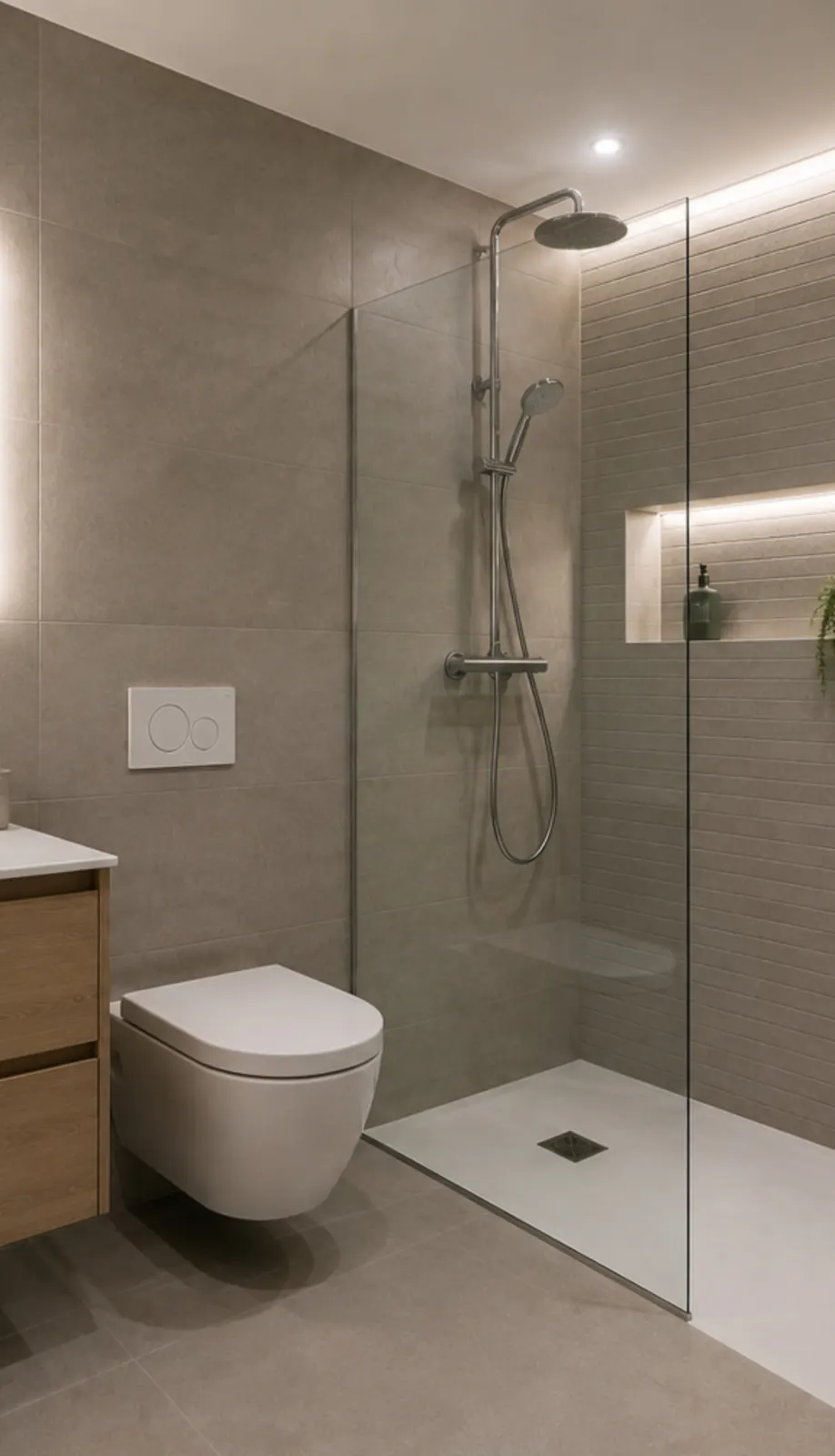 Walk-in-Dusche mit LED-Nische in Feinsteinzeug