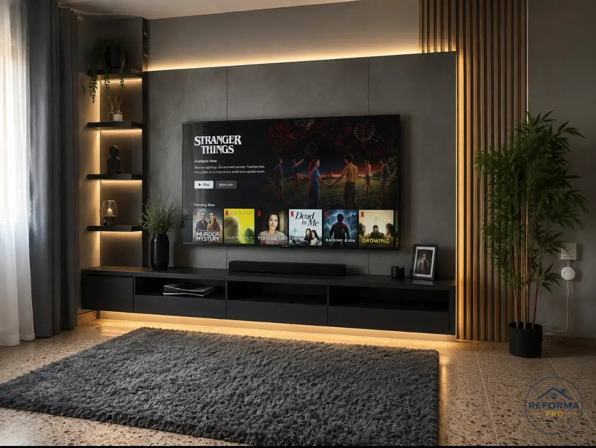 Soggiorno ristrutturato con parete TV, pannelli decorativi in legno e illuminazione LED