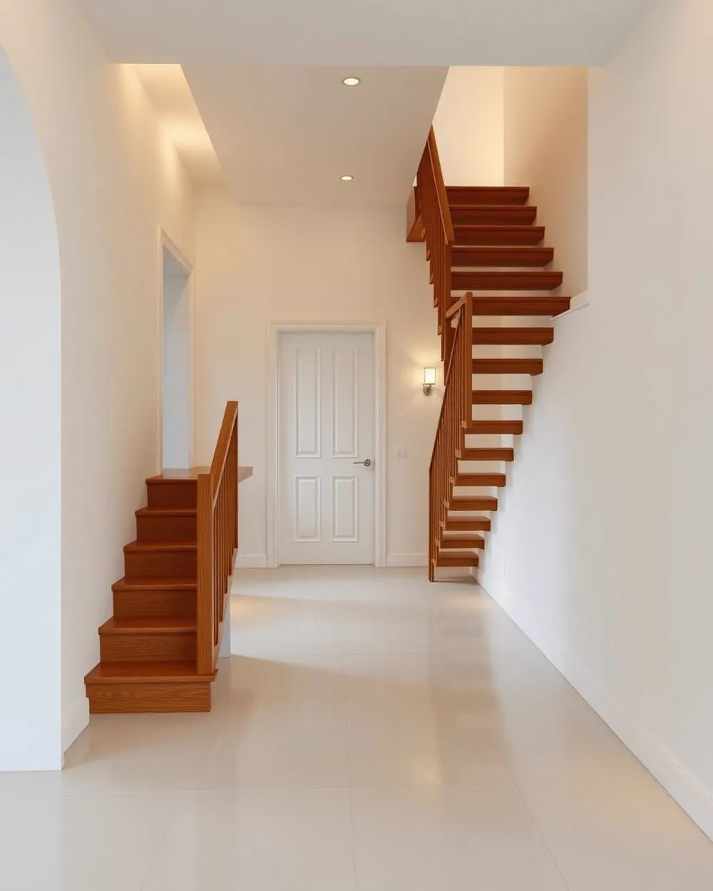 Ingresso interno di una villa ristrutturata con scala in legno e pavimento chiaro (immagine dimostrativa)