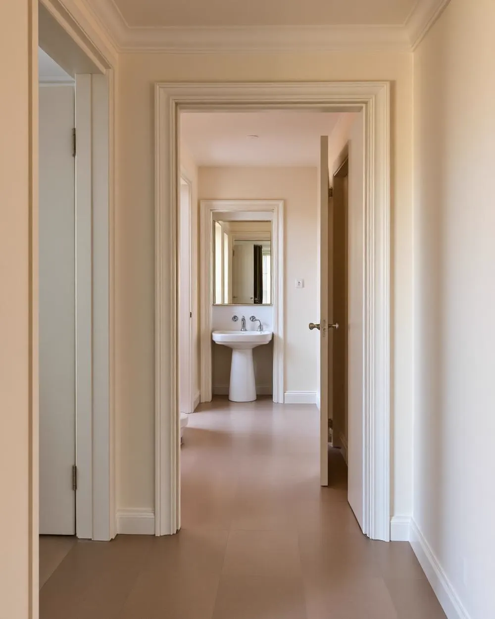 Corridoio di un appartamento ristrutturato con bagno sullo sfondo (immagine dimostrativa)