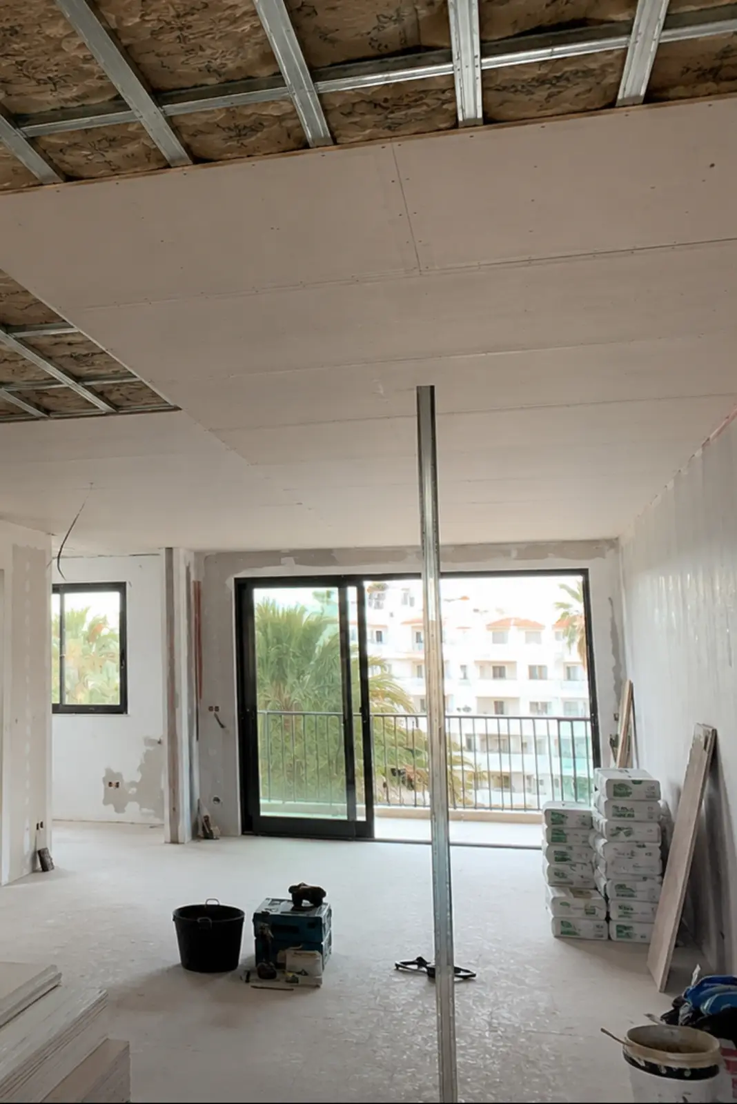 Plasterboard frame and boards during installation