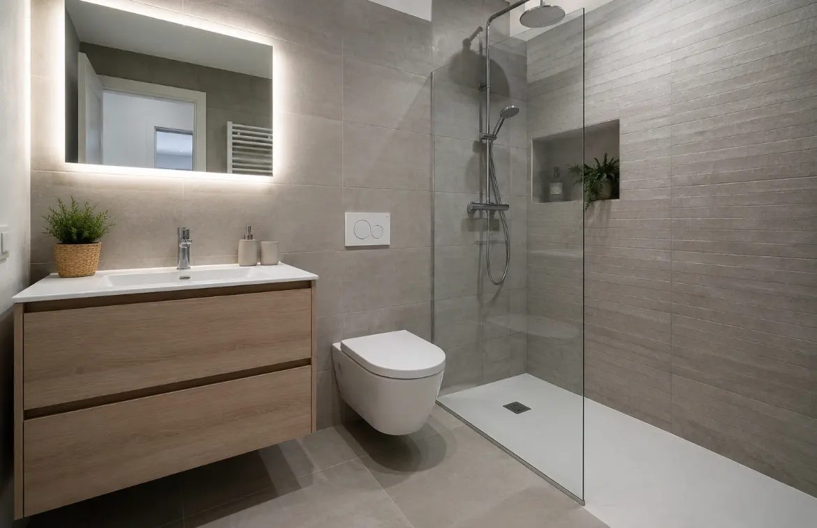 Graues Bad mit Eichen-Waschtisch und bodengleicher Dusche Teneriffa Graues Bad mit Eichen-Waschtisch und bodengleicher Dusche Teneriffa