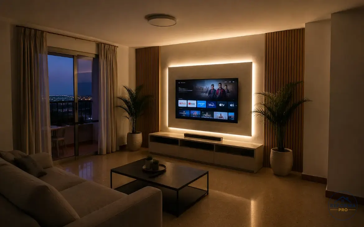 Zona giorno ristrutturata con parete TV illuminata e vista notturna dal balcone