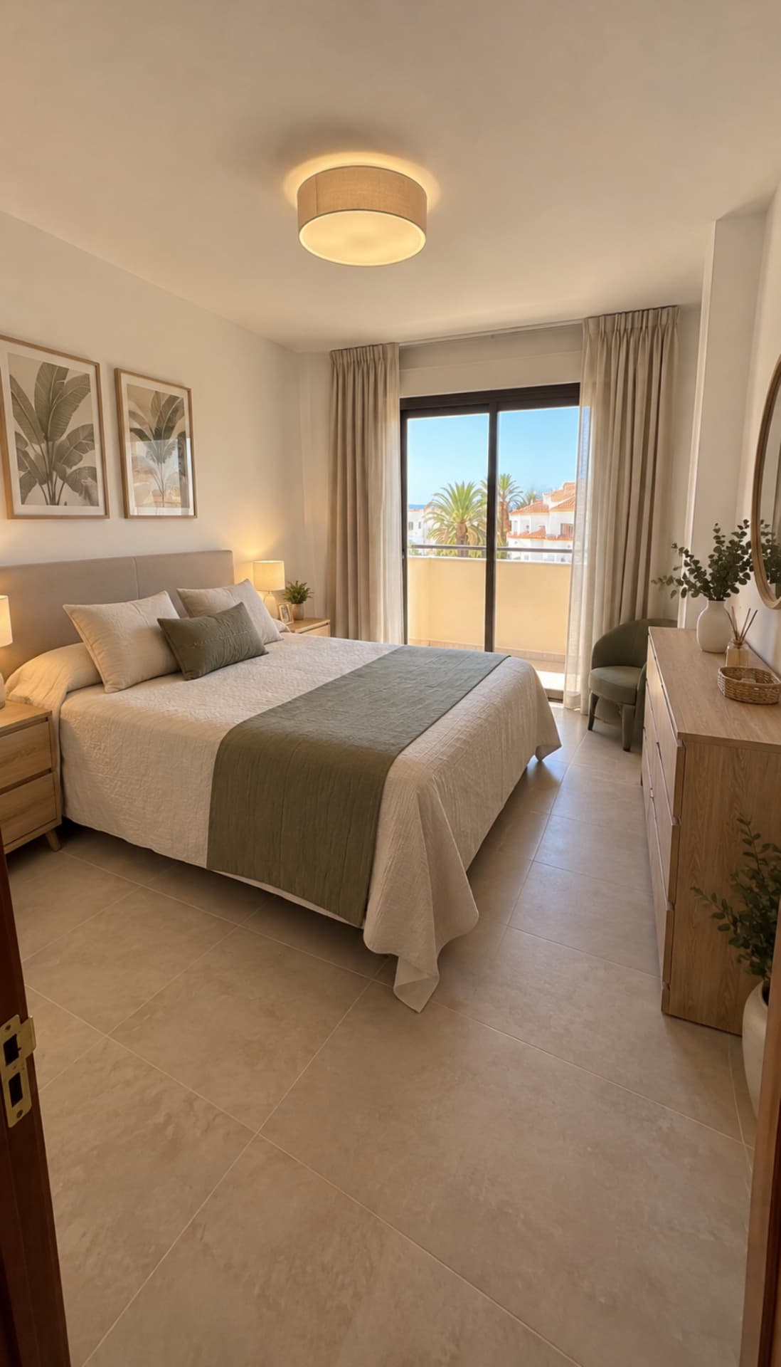 Dormitorio reformado con balcón y suelo de gres claro en Tenerife