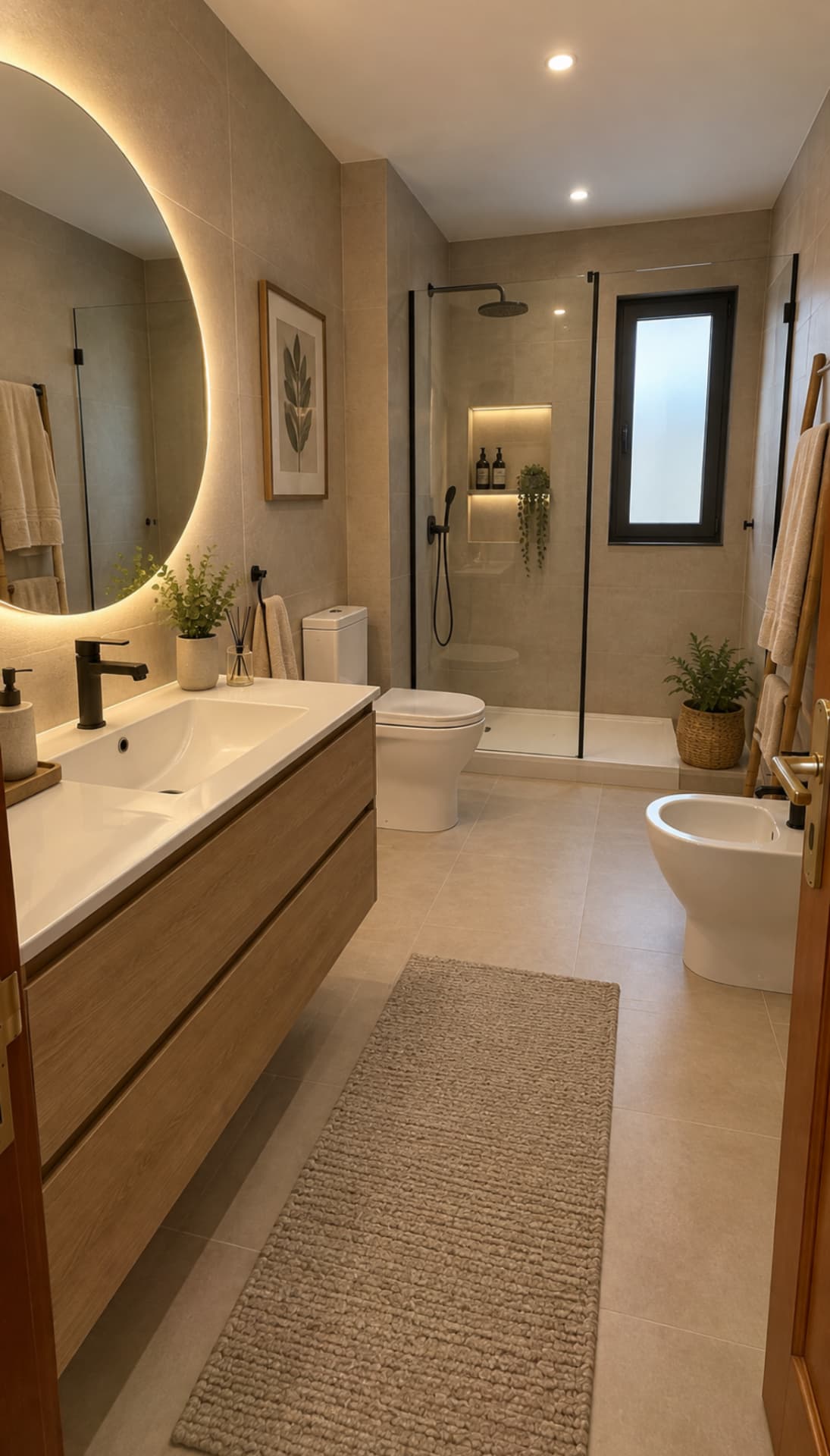 Baño beige con espejo redondo retroiluminado y ducha con hornacina en Tenerife