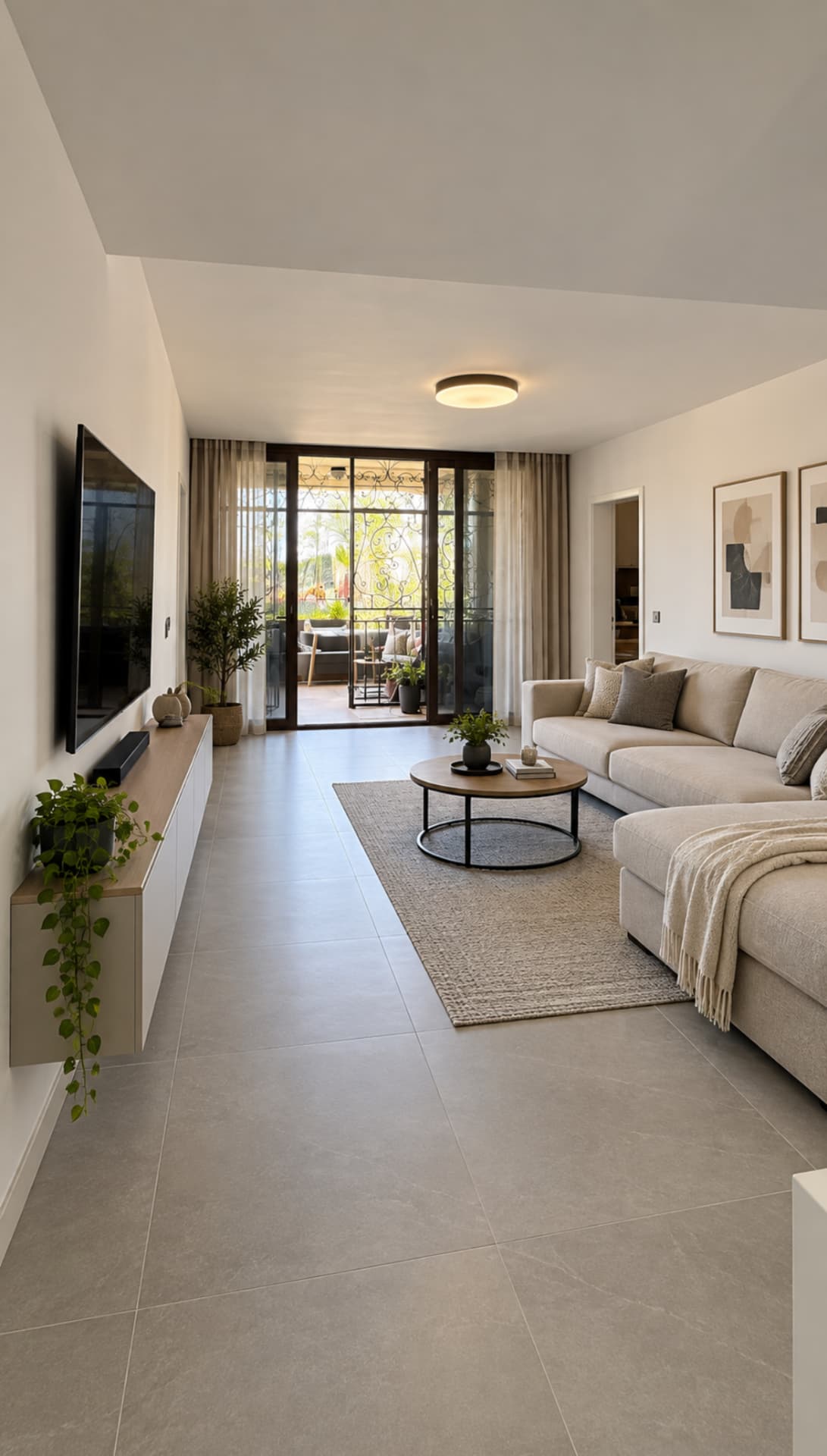 Salón reformado con mueble de TV suspendido y salida a la terraza en Tenerife