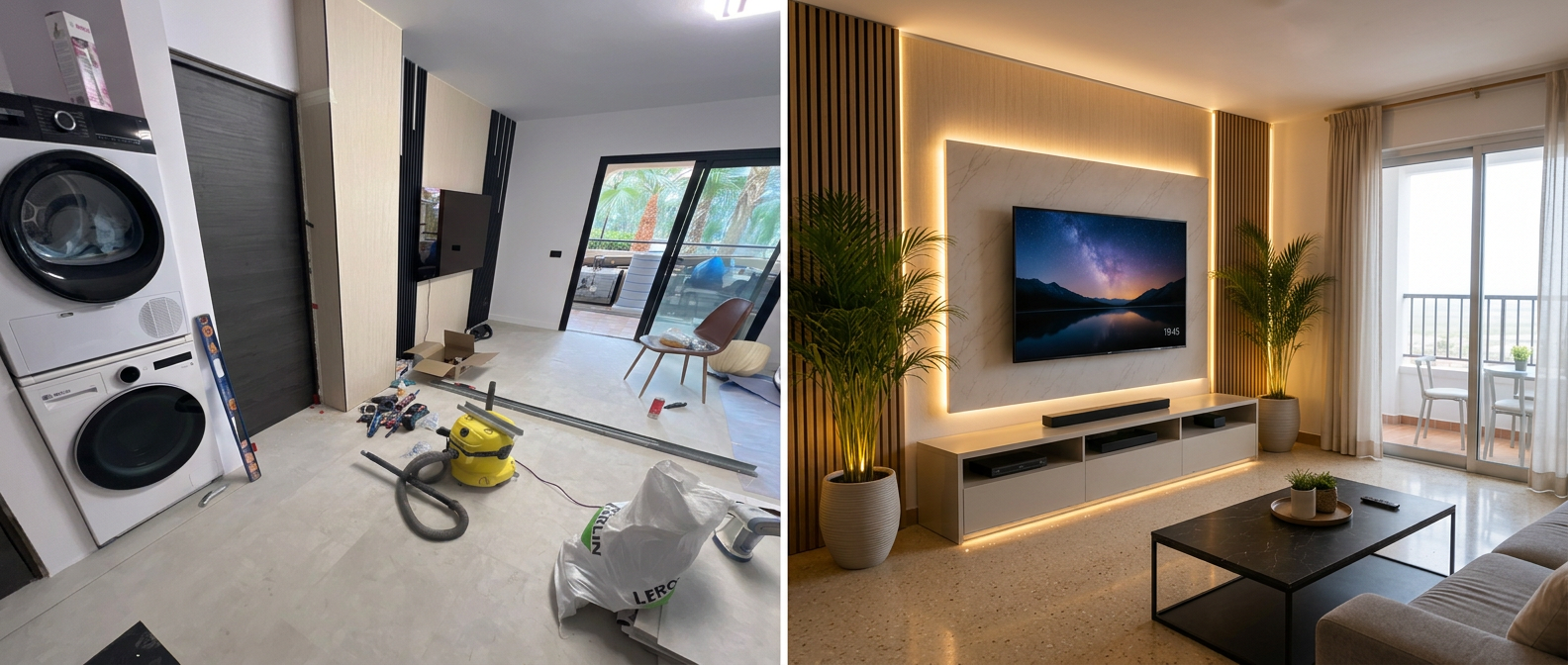 Prima e dopo: soggiorno in cantiere trasformato in salotto finito con parete TV e LED a Tenerife