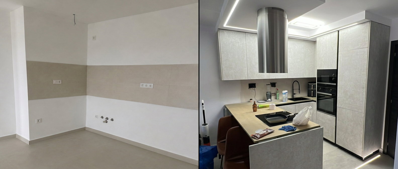 Prima e dopo: locale vuoto con predisposizioni trasformato in cucina moderna con isola a Tenerife