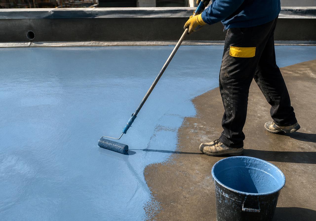 Operaio applica guaina liquida sul tetto Operaio applica guaina liquida sul tetto